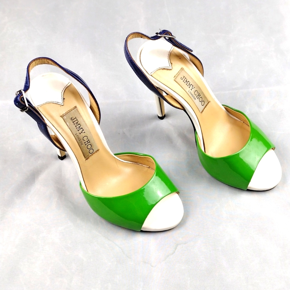 Jimmy Choo Green, navy blue and white, patent leather Stilettos